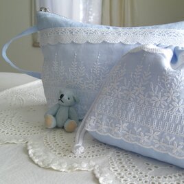 刺繍lace×BlueLinen PouchSet