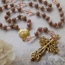 チェコビーズのロザリオ【ピンクローズ】　薔薇　バラ