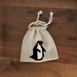 ペンギンの手編み巾着/コットン