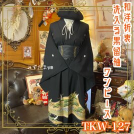 黒留袖 着物 リメイク ワンピース ドレス 和洋折衷 洗える 化繊 漆黒の宇宙 × 松に飛翔する鶴のパルス TKW-127