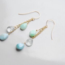 ラリマーとグリーンオパールとアクアマリンの３粒ピアス　１４kgf