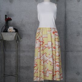 京友禅のフレアロングスカート 　XL サイズ 　着物リメイク