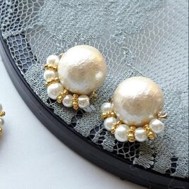 【ピアス】※ABERTINO※ アイボリーカラー一粒 コットンパール & パール ゴールド パーツ スタッド ピアス