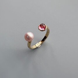 ピンクトパーズと桜ピンクパールフォークリング指輪２粒リング