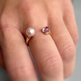 ピンクトパーズと桜ピンクパールフォークリング指輪２粒リング