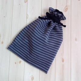 【在庫処分SALE40%OFF】シューズケースにもなる大きな巾着袋　ボーダー　ポケット付き　大人用　手洗い可　ブラウン　　691