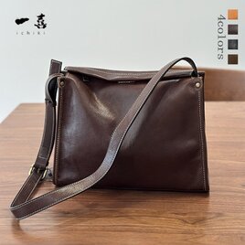 ヌメ革 ショルダーバッグ 手作り 大容量 牛革 　新作人気バッグ　本革 ハンドメイド　ダークブラウン S24