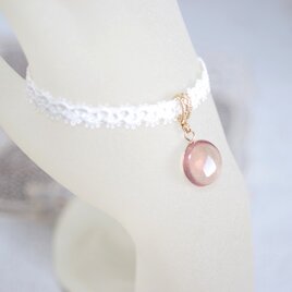 【受注製作】レジンアート　一粒の水滴とタティングレースとサテンリボンのブレスレット〈楽園に咲く〉