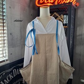【背中がかわいい】エプロンドレス：リネン×セルリアンブルー【0931】
