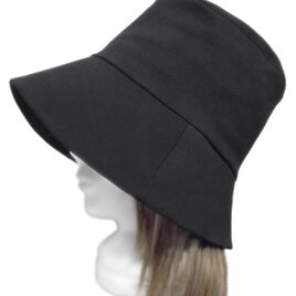 つば長・ゆったりバケットハット◆鹿の子織コットンニット／ブラック　◇紫外線対策・小顔効果・オールシーズン着用◇