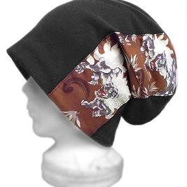 和柄[唐獅子(ブラウン)]ルーズワッチキャップ◆コットンニット／ブラック　◇ゆったりサイズ・小顔効果・オールシーズン着用◇