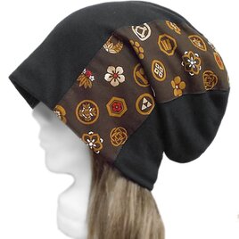 和柄[家紋柄(ブラウン)]ルーズワッチキャップ◆コットンニット／ブラック　◇ゆったりサイズ・小顔効果・オールシーズン着用◇