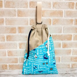 巾着型シューズケース(外ポケット付)　【イルカ×ヨット】