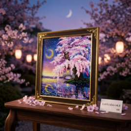 一点物｜油絵「月光に眠る夜桜」月明かりに照らされた桜の原画 インテリアアート