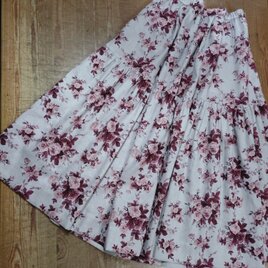 綿麻ウエストゴム　ギャザーフレアスカート（グレー×エンジ）