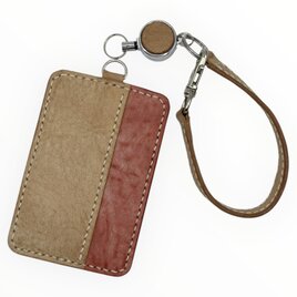 毎日に馴染む 手縫いの本革パスケース｜アラスカレザー ナチュラル×レッド｜リール付き