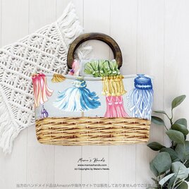 《南欧リゾート風 タッセル》スペイン製 カラフル 花柄  木の持ち手 小柄 トート 手提げ かごバック