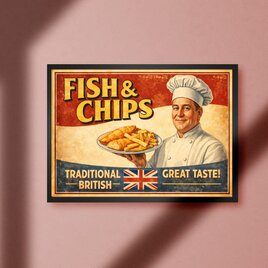 【額付※オーダー無料】 フィッシュアンドチップス 魚 ポテトフライ ビンテージアート アート インテリア A4アートポスター