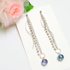【アクアオーラの輝きロングピアス】揺れるチェーン＊透明感アクセサリー＊天然石ピアス＊ラインストーン＊サージカルステンレス