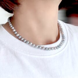 サックス＆ライトシルバー ミックス バロックパールのチョーカー 6x6.5mm　2点のみ