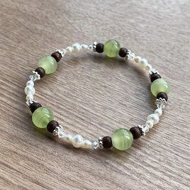 ヴィンテージ オリーブ & ウッド & パール ブレスレット