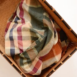 昭和初期・東北の布団皮ほどき古布｜木綿格子・オレンジ×グリーン｜リメイク・パッチワーク素材｜ジャパンヴィンテージ