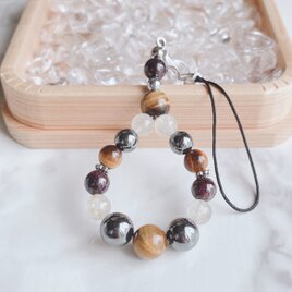 ✦迷いを減らし、決断と行動を後押し◎天然石ストラップ｜タイガーアイ・ルチルクォーツ・ガーネット No.544S