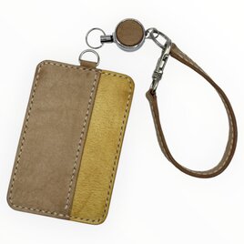 毎日に馴染む 手縫いの本革パスケース｜アラスカレザー ナチュラル×オレンジ｜リール付き