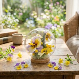 春のガラスドーム　パンジーとビオラ　ミモザ　Spring インテリア　母の日　送別会