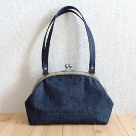 ドット刺繍　長財布も入る大きめサイズ　デニムのがま口ショルダーバッグ　肩掛け　25cm口金　ネイビー　672