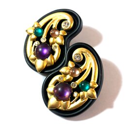 Vintage Floral Paisley Gold-Tone Statement Earrings