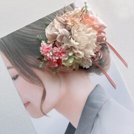 ナチュラルなマムと桜の春のヘアクリップ　髪飾り　春　さくら　リボン　ピンク　バラ　発表会　結婚式　成人式　卒業式　入学式　袴　