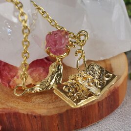 召喚の魔導書ネックレス　薔薇トルマリンver 真鍮 brass 天然石