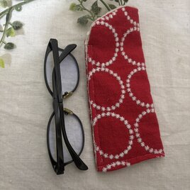 ハンドメイド♡メガネケース♡リネン赤サークル刺繍柄♡♡普通タイプ