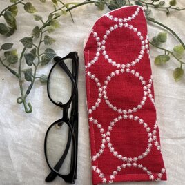 ハンドメイド♡メガネケース♡リネン赤サークル刺繍柄♡♡普通タイプ