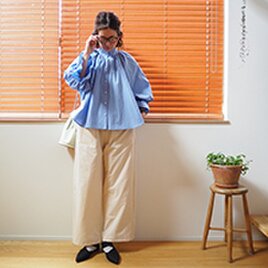 【Pre-order】Cotton 2Way Gathered Blouse SAX