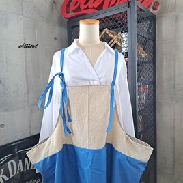 【背中がかわいい】エプロンドレス：リネン×ブルー【0997】