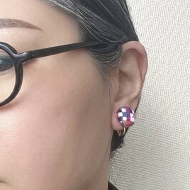 絽ざし ネジ式イヤリング 市松文様 ／ 絹糸のモザイクアート　