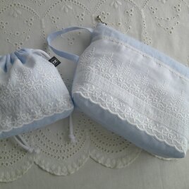 刺繍lace×BlueLinen PouchSet