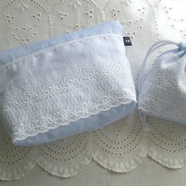 刺繍lace×BlueLinen PouchSet