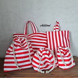 【入園・入学】入園バッグ５点セット：ストライプレッド【0674】