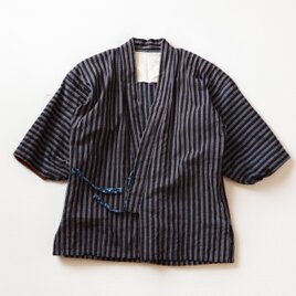 野良着 ジャケット 昭和中期 ジャパンヴィンテージ｜藍染 縞 木綿｜絣 羽織紐｜古布 ハンドメイド・リメイク素材