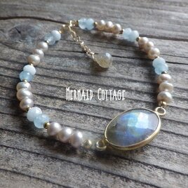 *14kgf* Galactic Ocean - 大粒ラブラドライトと淡水パールのブレスレット