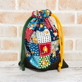 巾着袋　小　【和柄・パッチワーク柄×柴犬】