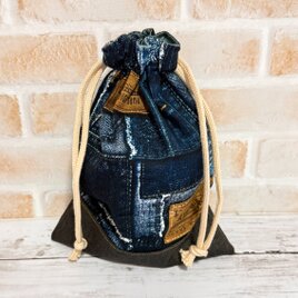 巾着袋　小　【デニム柄】