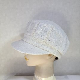 魅せる帽子☆一点物♪S-Mフリー!!コットン混紡レースニットのキャスケット～オフホワイト