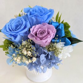 プリザーブドフラワー／空色ローズと小花の白い陶器のミニアレンジ【フラワーケースリボンラッピング付き】
