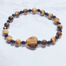 ✦ビジネスのお守りに♪仕事も人間関係も良好へ導く♡天然石ブレスレット｜タイガーアイハート・オニキス No.869