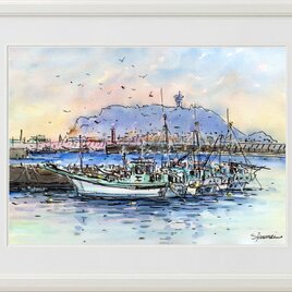 水彩画原画　腰越漁港 B　＃724