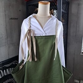 【背中がかわいい】エプロンドレス：オリーブ×リネン【0892】